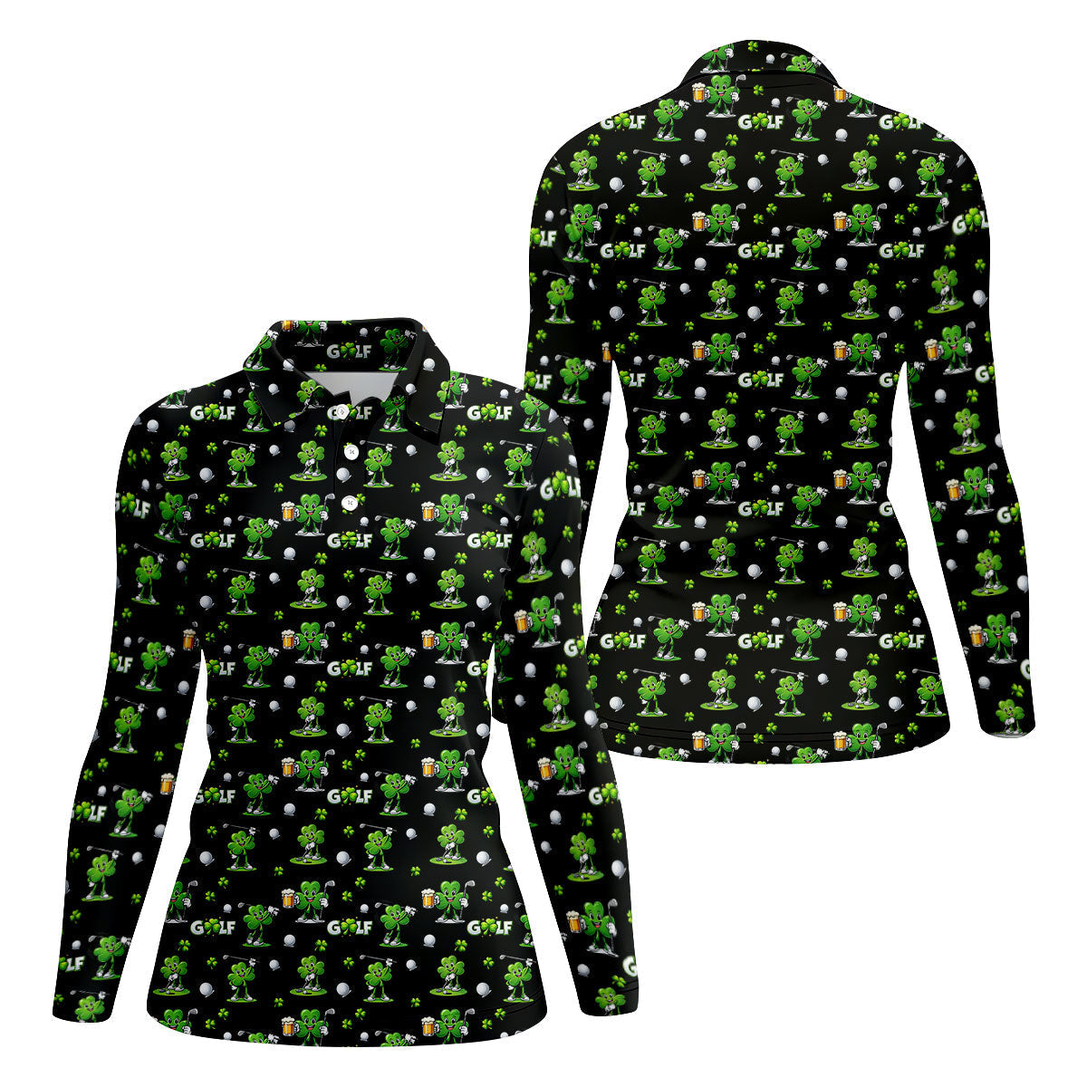 Three Leaf Clover Golf And Beer St Patrick's Day Black Golf Shirt, Women's Golf Shirts, Ladies Golf Polos