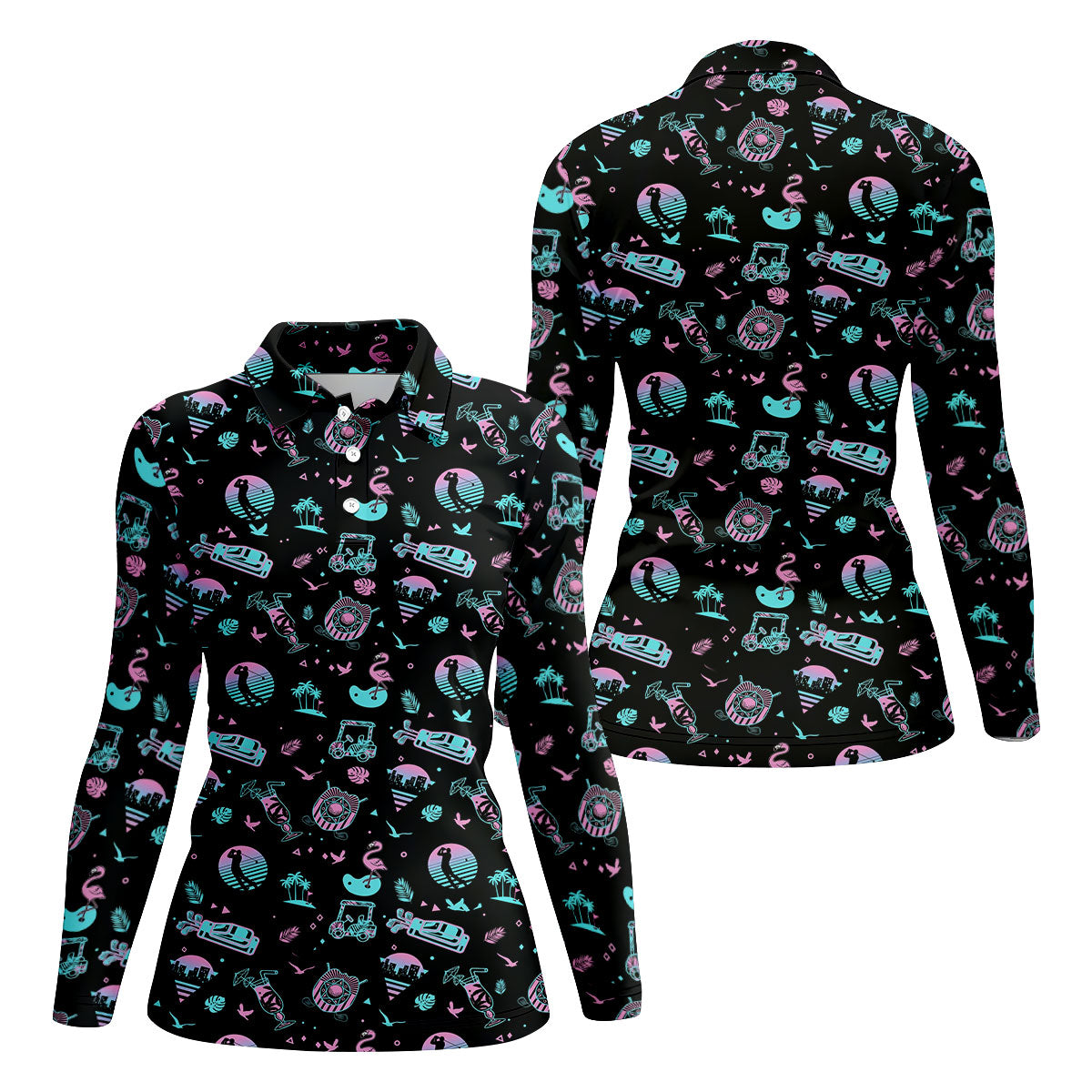 Flamingo Tropical Gradient Colors Retro Golf Shirt, Women's Golf Tops, Ladies Golf Shirt