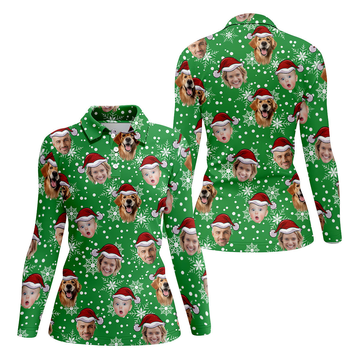 Custom Face Light Green Christmas Women's Golf Tops, Ladies Golf Shirts, Christmas Golf Gift