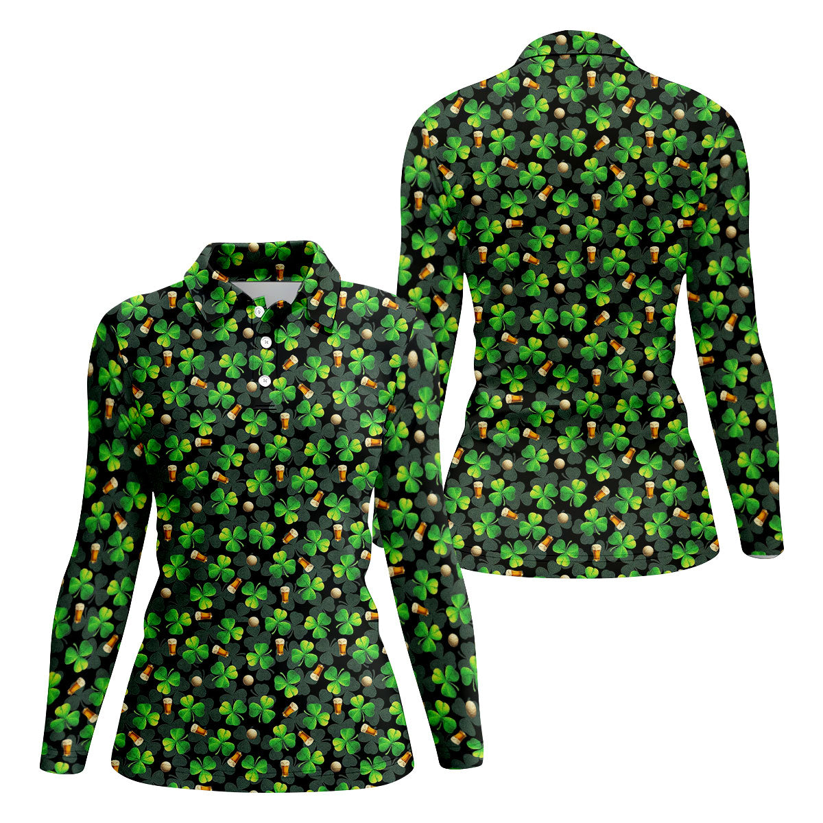 St Patrick's Day Beer Golf Ball Pattern Shamrock Golf Shirt, Women's Golf Tops, Ladies Golf Polos