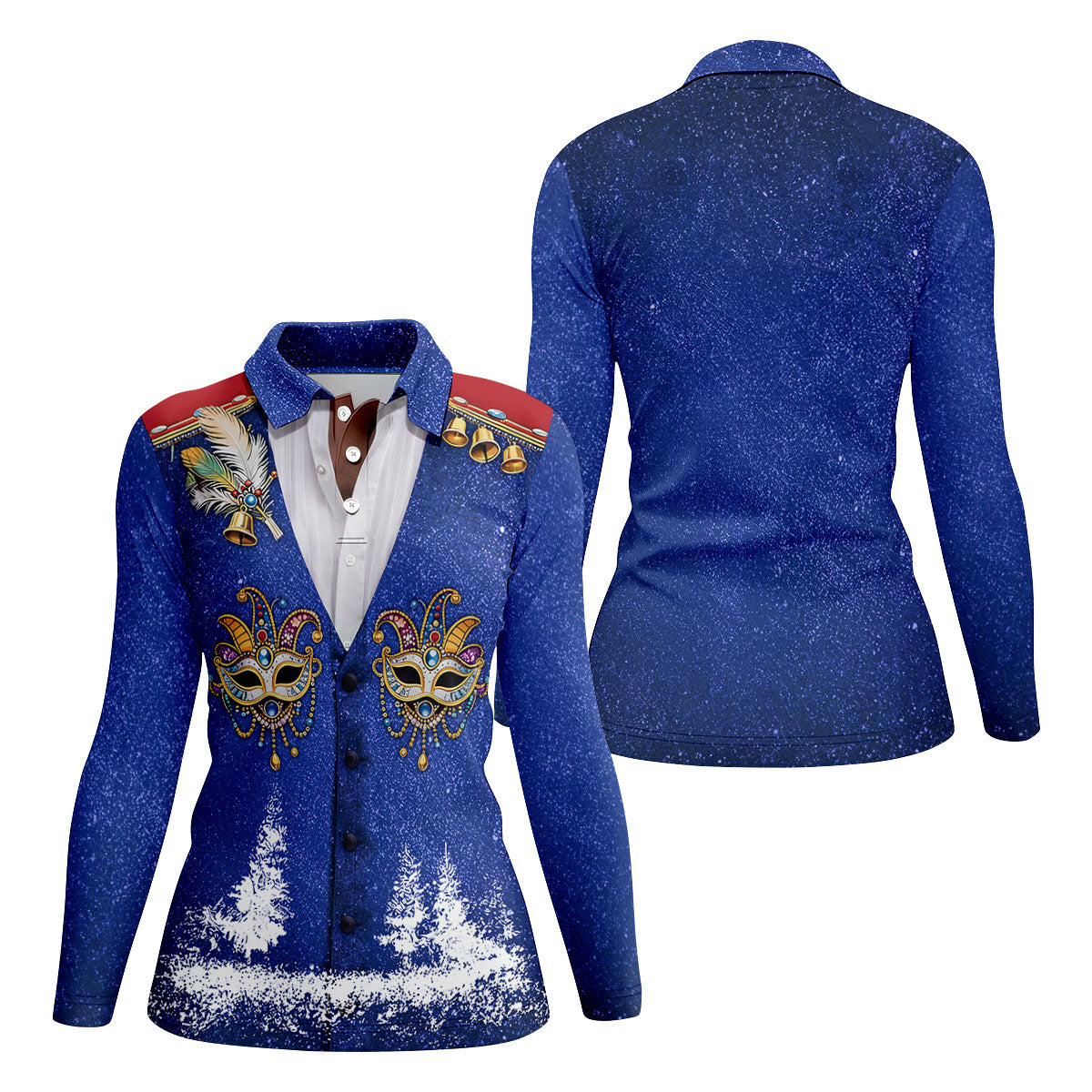 Masquerade Mask Feather Mardi Gras Glitter Print Blue Golf Shirt, Women's Golf Tops, Ladies Golf Shirts
