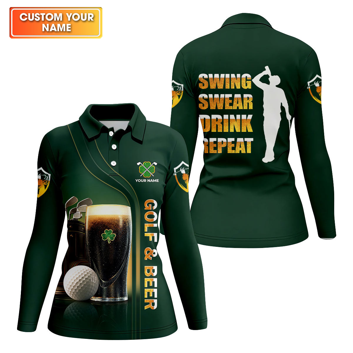 Swing Swear Drink Repeat Golf And Beer St Patrick's Day Green Women's Golf Tops, Ladies Golf Polos
