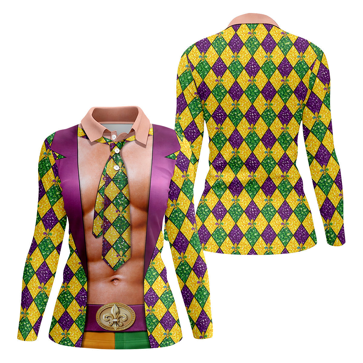 Green Purple Gold Argyle Pattern Fun Suit Mardi Gras Print Golf Shirt, Fun Women's Golf Shirts, Ladies Golf Polos