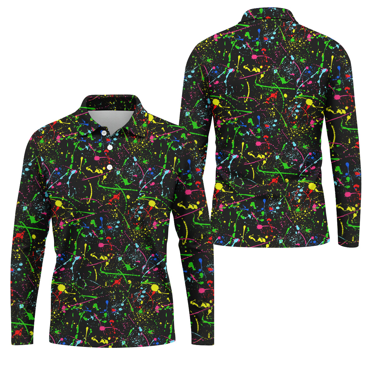Black Neon Paint Splatter Golf Shirt, Men's Golf Shirt, Golf Apparel For Men