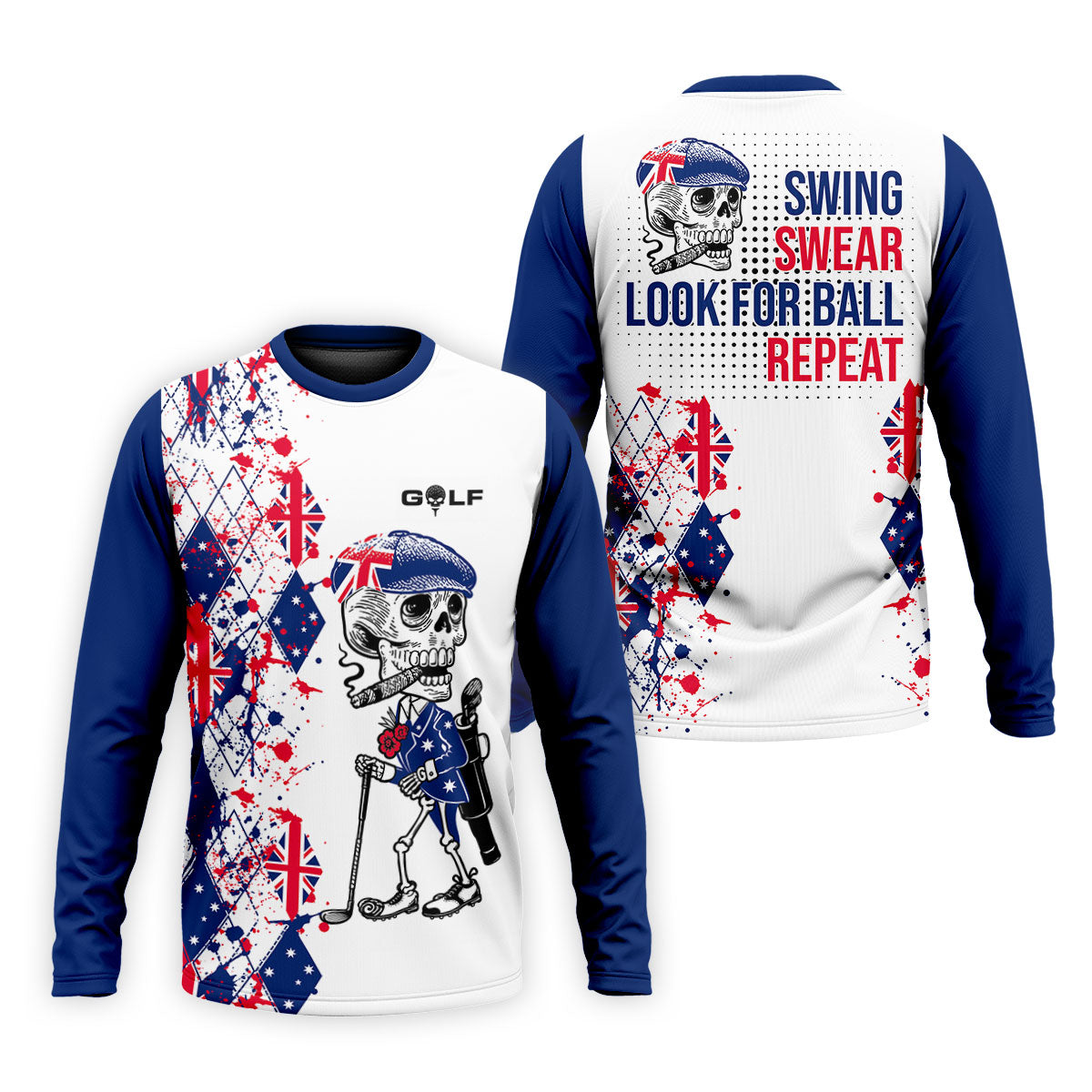Swing Swear Look For Ball Repeat Australia Flag Print Skeleton Golfer Argyle Golf Shirt, Polo Shirts For Men