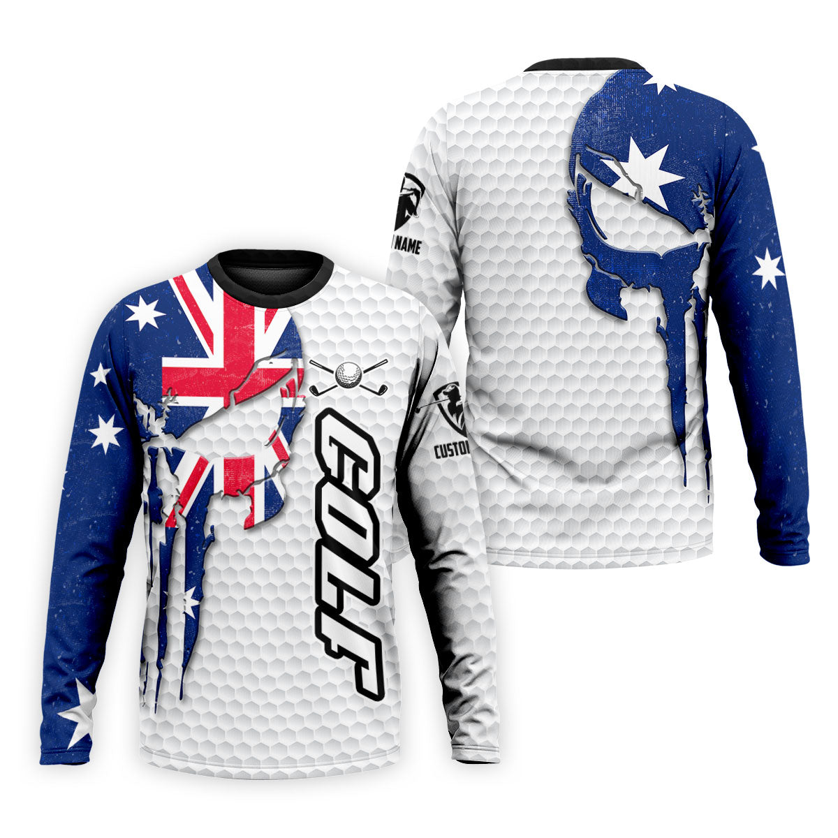Cool Skull Golf Ball Pattern Australia Flag Print White Golf Shirt, Polo Shirts For Men