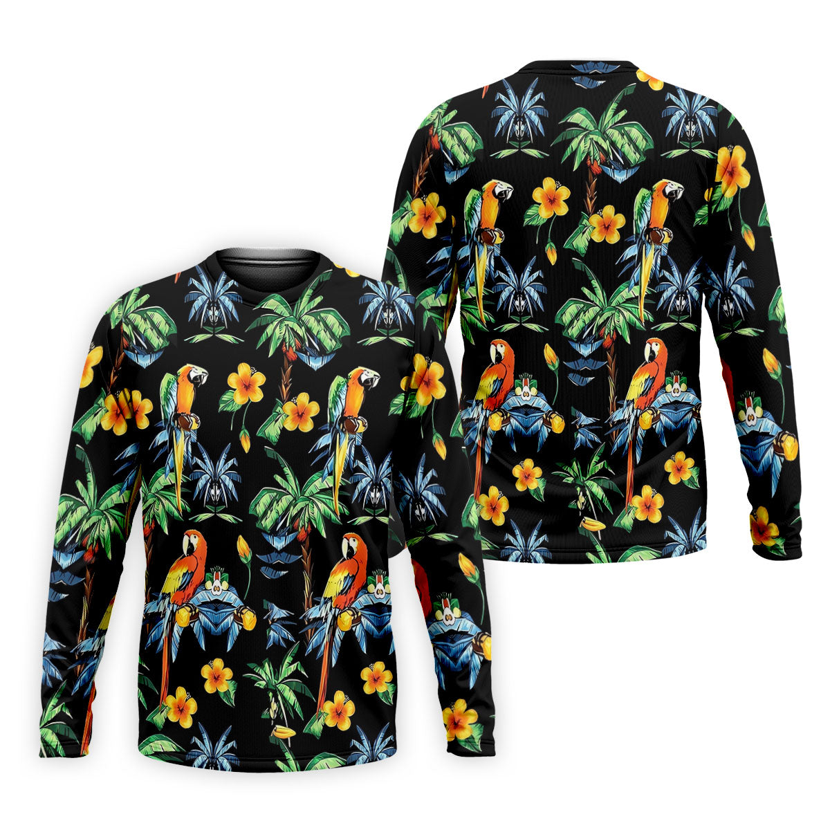 Black Tropical Parrot Palm Flower Pattern Golf Shirt, Men's Golf Shirt, Mens Polo Shirts, Hawaiian Golf Shirt
