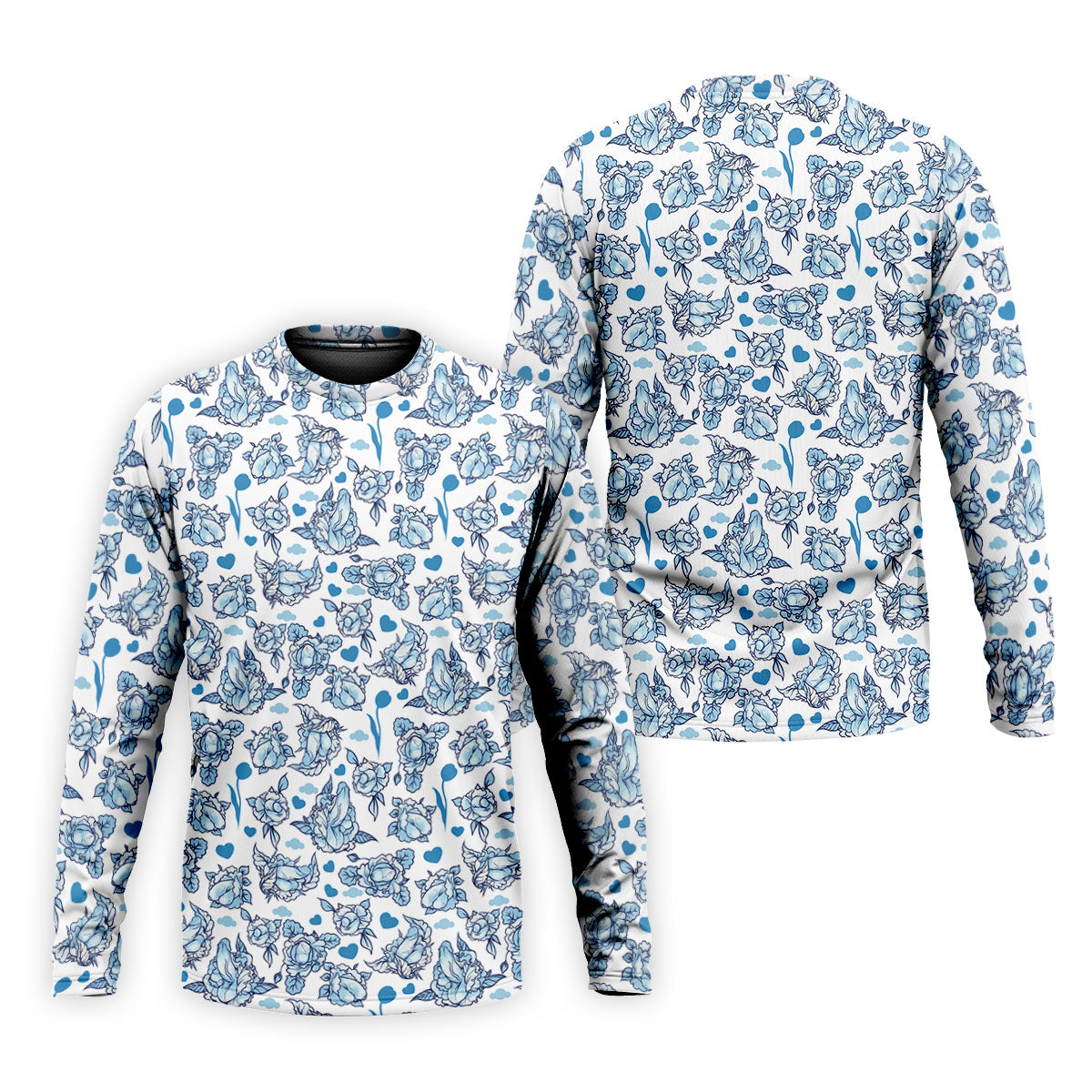 Blue Rose Floral Heart Pattern Golf Shirt, Polo Shirts For Men, Printed Golf Shirts