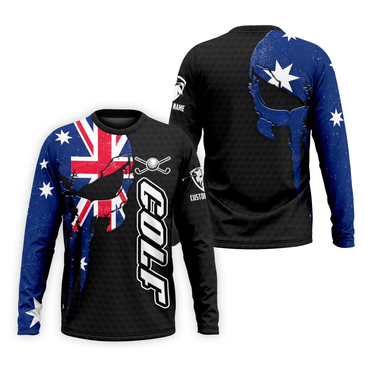 Cool Skull Golf Ball Pattern Australia Flag Print Black Golf Shirt, Polo Shirts For Men