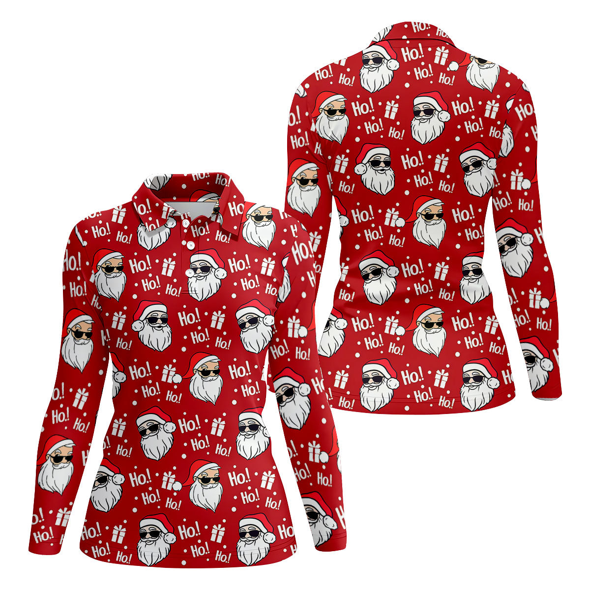 Santa Claus Pattern Christmas Red Fun Women's Golf Shirts, Christmas Golf Shirt, Ladies Golf Shirts