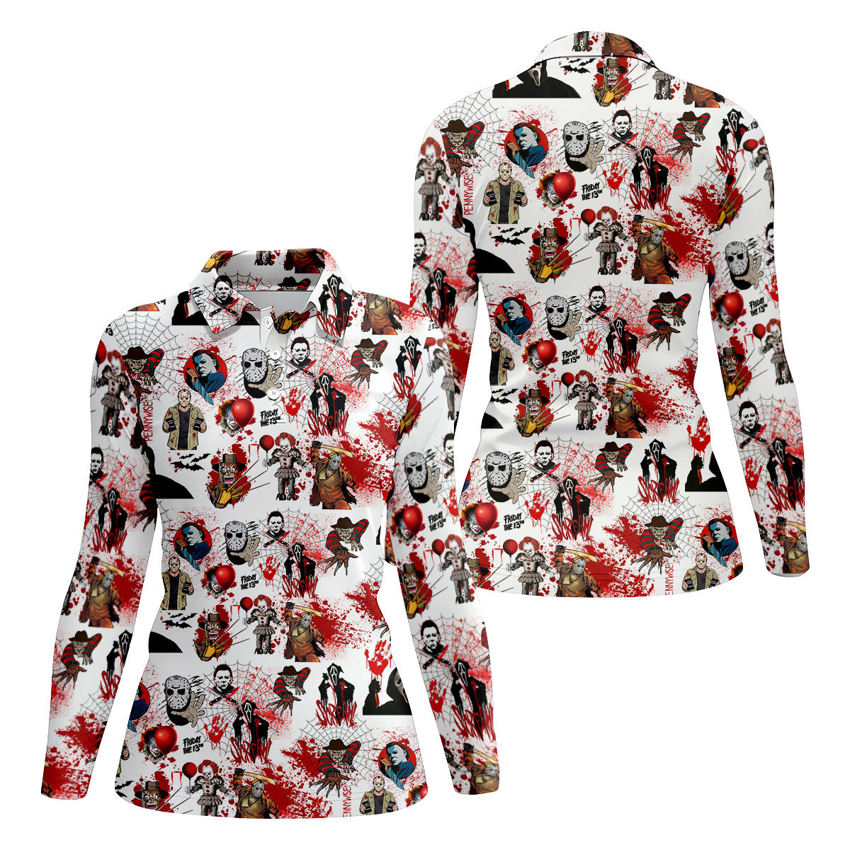 Horror Villain Blood Splatter Print Women's Golf Tops, Halloween Golf Shirt, Ladies Golf Polos, Golfing Apparel