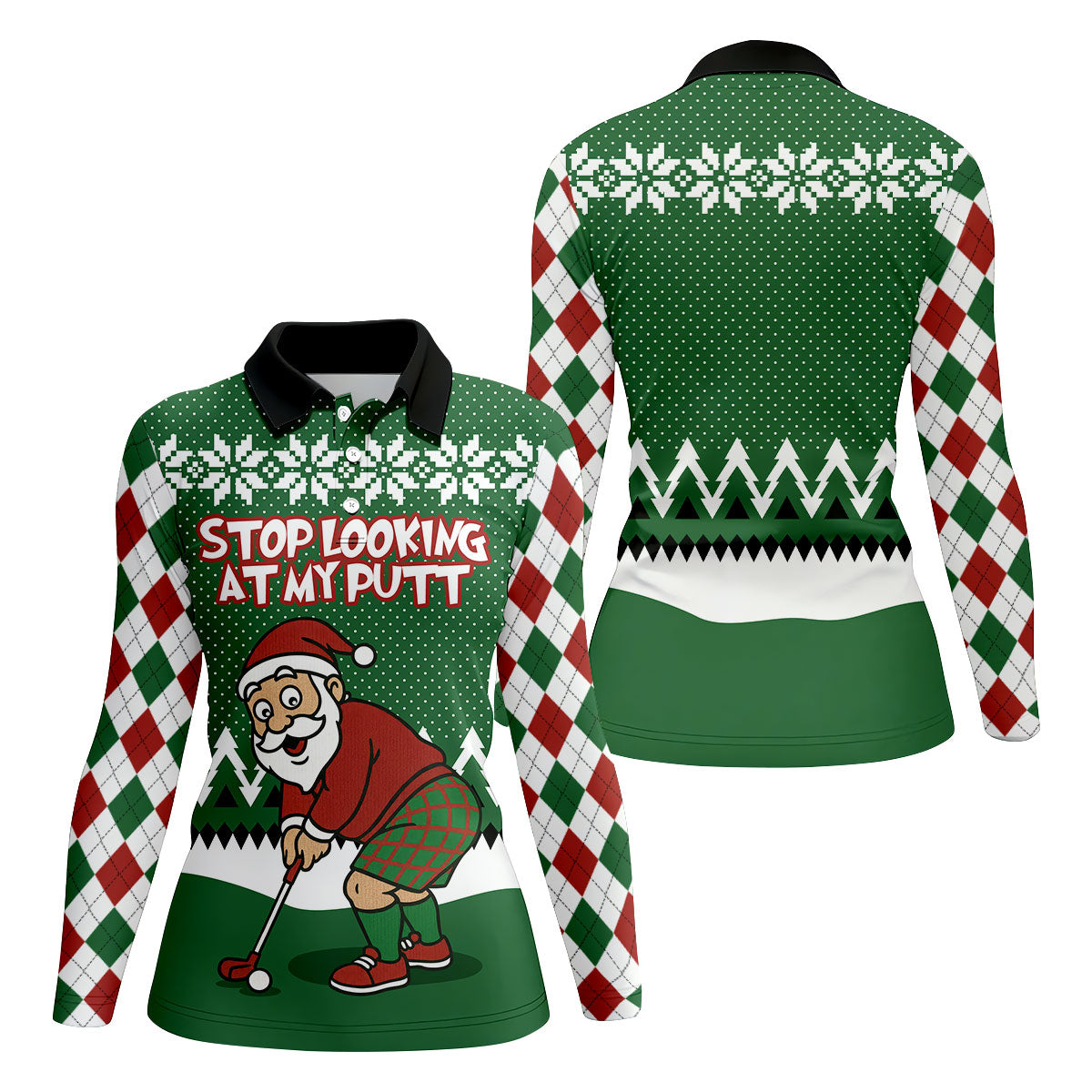 Stop Looking At My Putt Funny Santa Claus Argyle Golf Shirt, Christmas Golf Shirt, Women's Golf Tops
