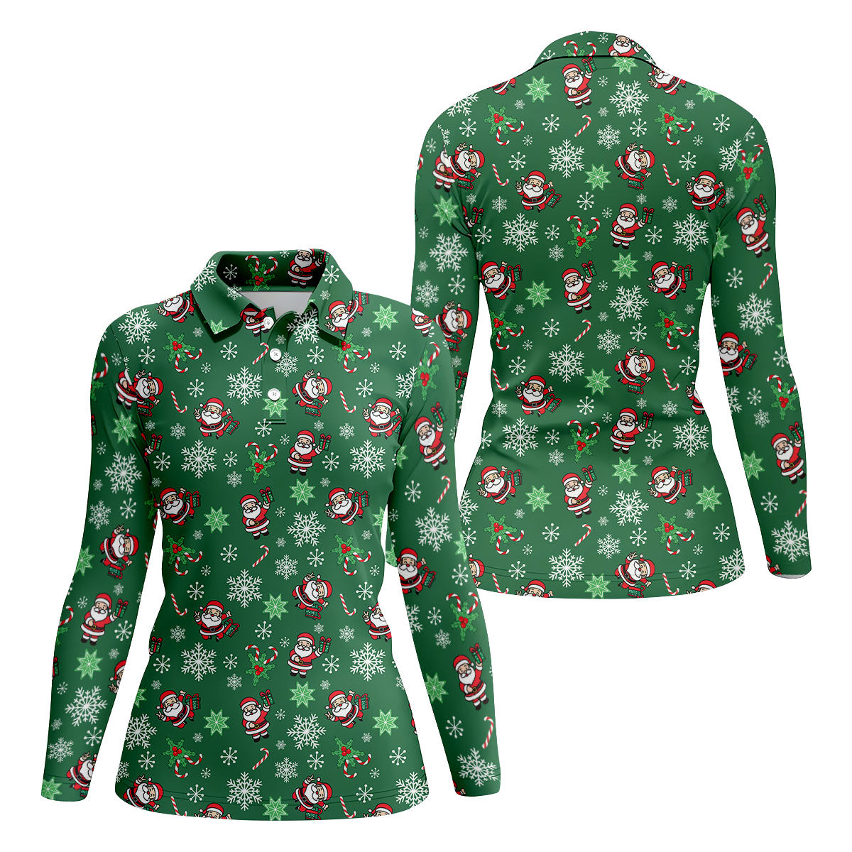 Santa Claus Pattern Christmas Green Fun Women's Golf Shirts, Christmas Golf Shirt, Ladies Golf Shirts