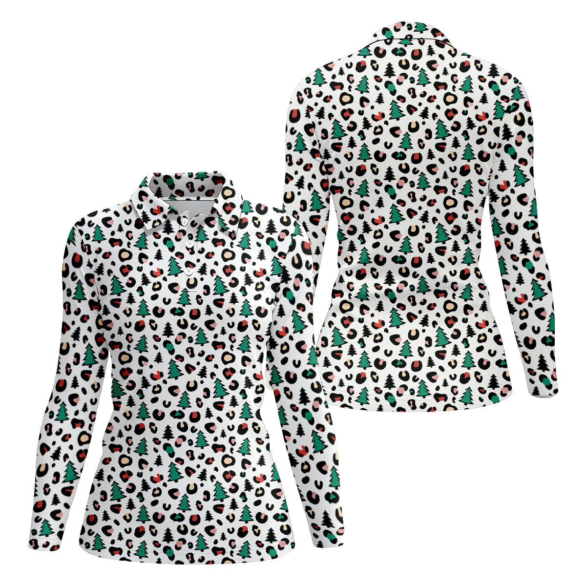 Leopard Pattern Xmas Pine Tree Women's Golf Shirts, Christmas Golf Shirt, Cute Golf Outfit, Ladies Golf Polos