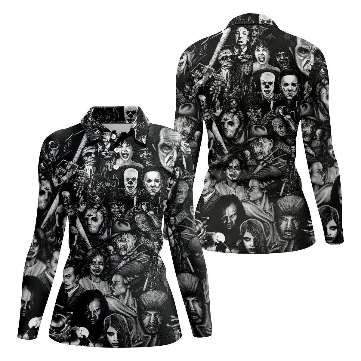 Classic Horror Characters Black And White Golf Polo, Golf Shirt For Women, Halloween Golf Shirt