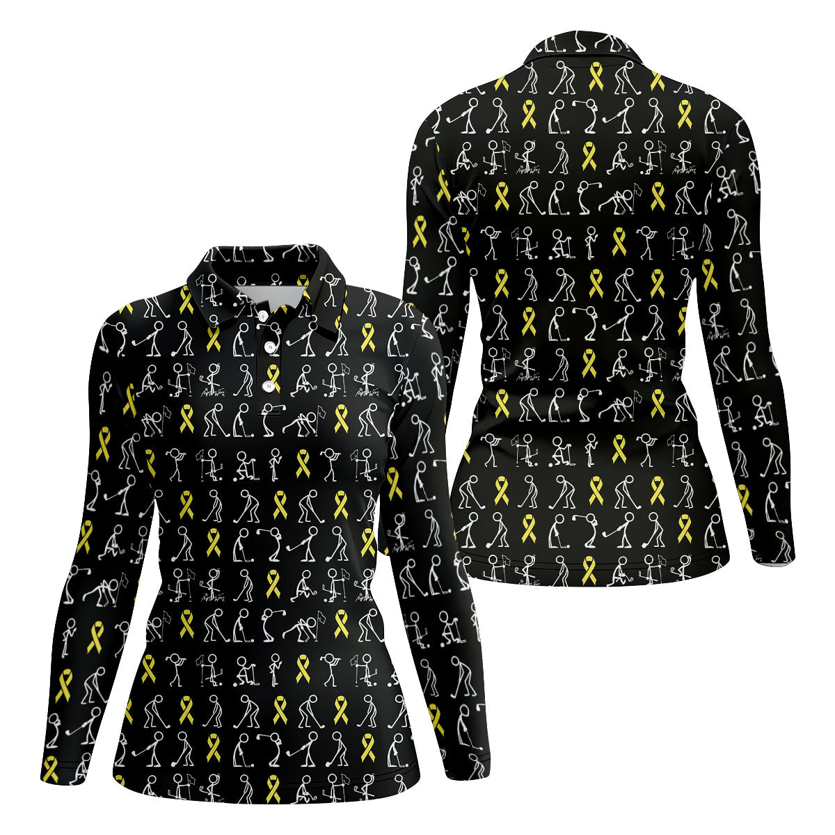 Funny Stick Figure Women's Golf Shirt, Childhood Cancer Awareness Shirt, Yellow Ribbon Golf Shirts For Women
