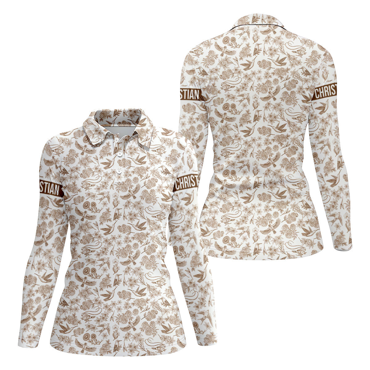 Custom Name Toile de Jouy Birds And Flowers Brown Golf Shirt, Women Golf Top, Ladies Golf Polos