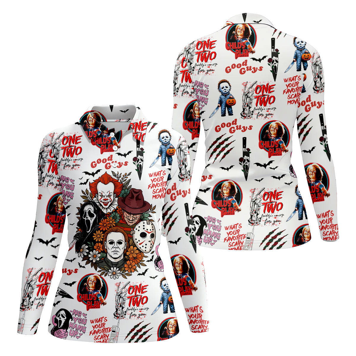 Horror Halloween Character Halloween Golf Shirt, Cool Golf Gift For Horror Fan, Women's Golf Tops