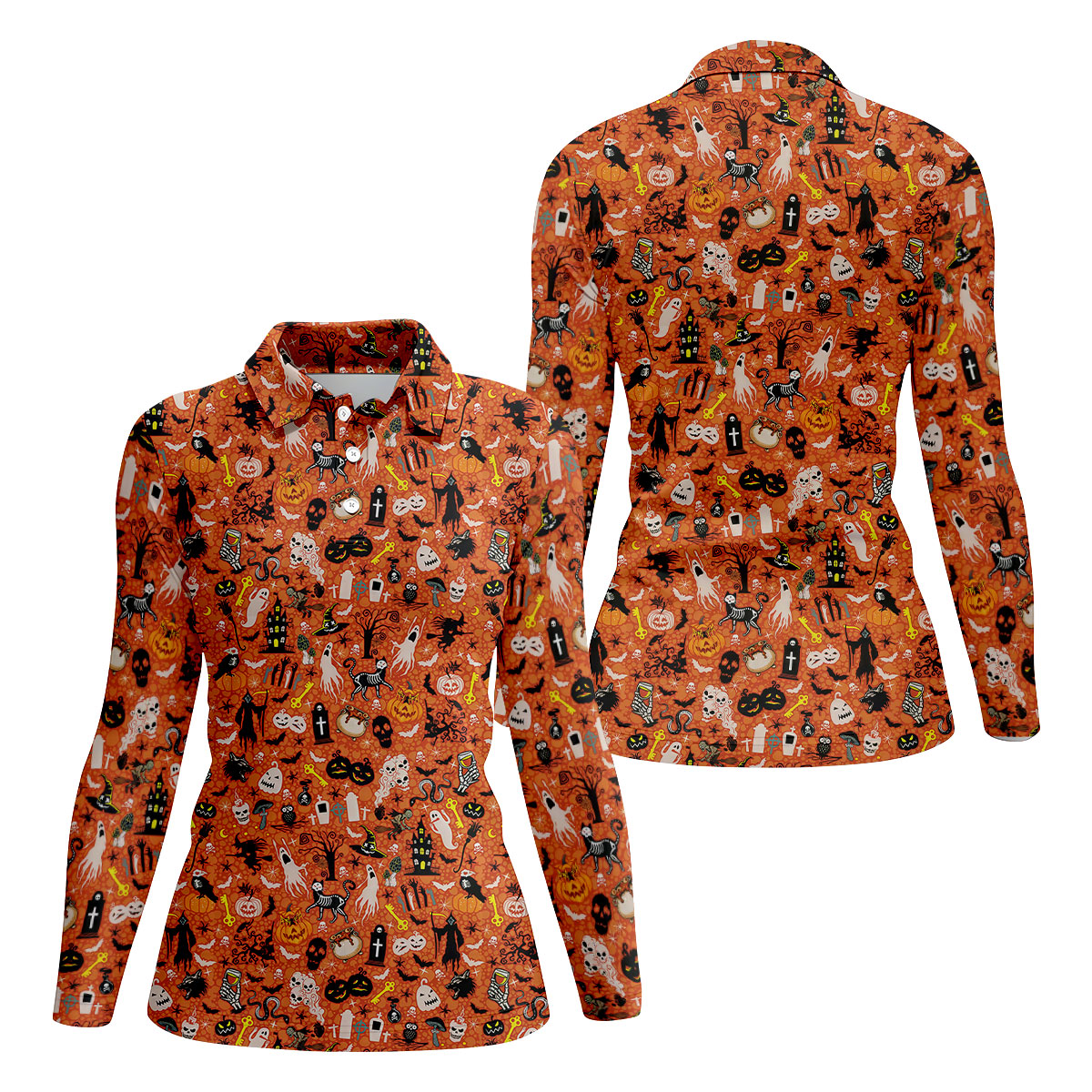 Halloween Skull Witch Cat Orange Golf Shirt, Funny Halloween Women's Golf Tops, Ladies Golf Shirts