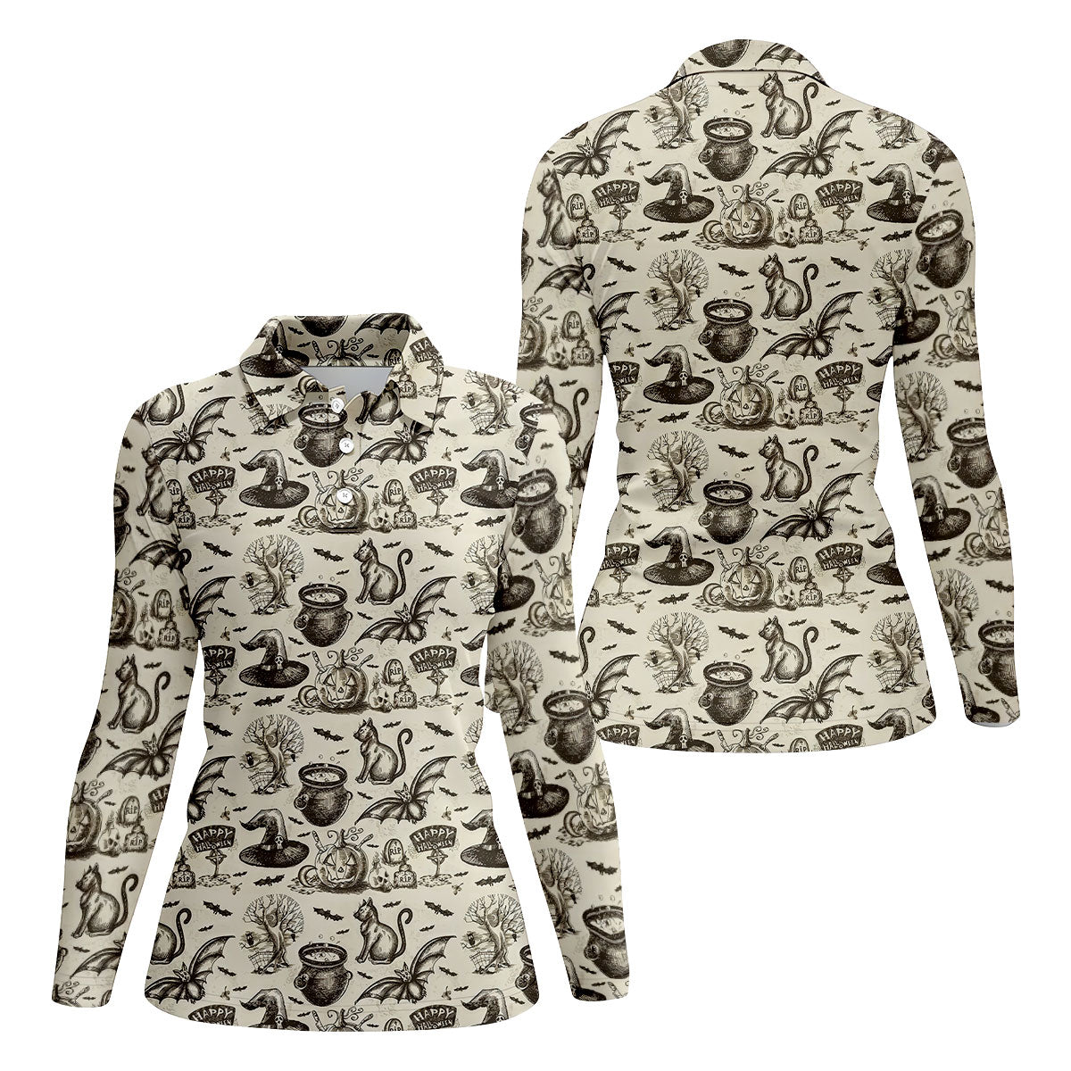 Halloween Witch Cat Pattern Fun Women's Golf Shirts, Ladies Golf Tops, Golf Shirt For Women