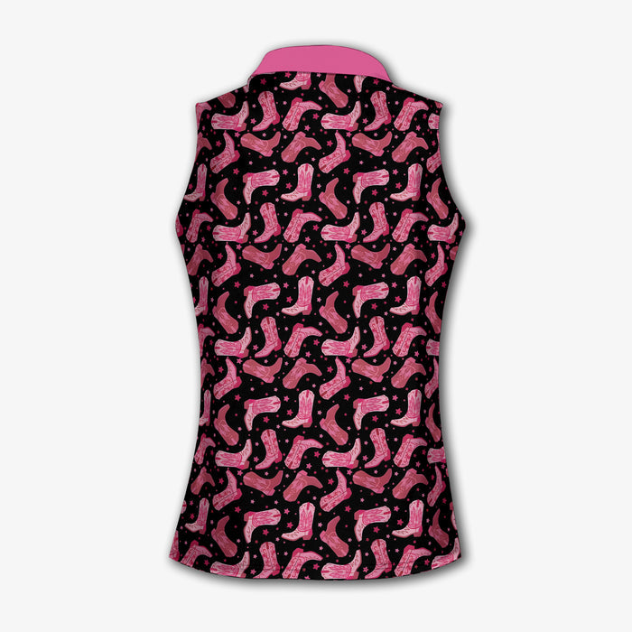 Cowgirl Black And Pink Womens Golf Polo Shirt Western Golf Shirts Women, Patterned Golf Shirts