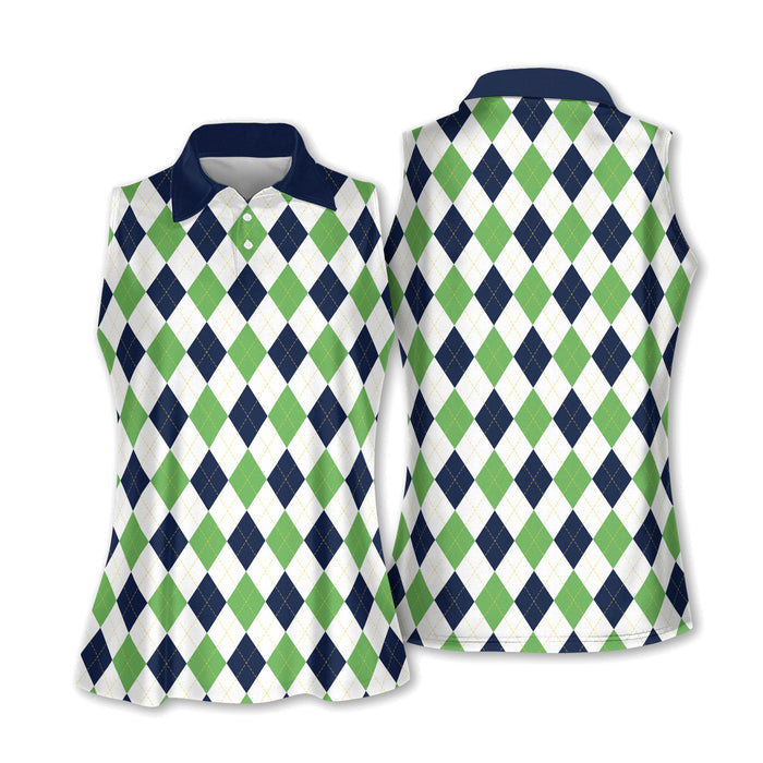 Green And Black Argyle Sleeveless Womens Golf Shirts, Ladies Pink Golf Shirt, Womens Golf Polo Shirt Womens Golf Tops