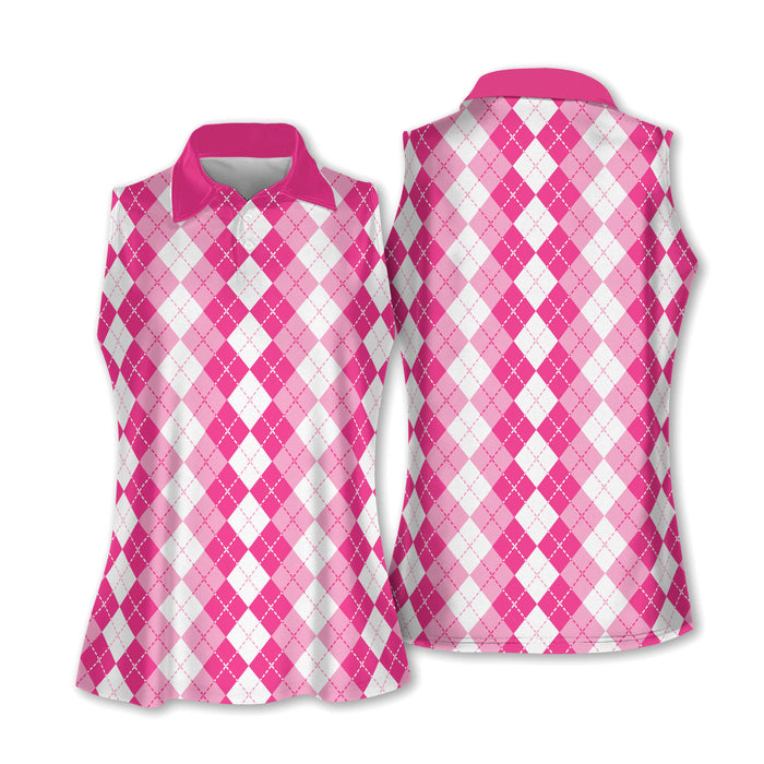 Argyle Pink Sleeveless Womens Golf Shirts, Ladies Pink Golf Shirt, Womens Golf Polo Shirt Womens Golf Tops