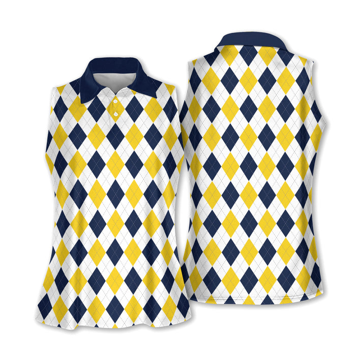 Black And Yellow Argyle Sleeveless Womens Golf Shirts, Ladies Pink Golf Shirt, Womens Golf Polo Shirt Womens Golf Tops