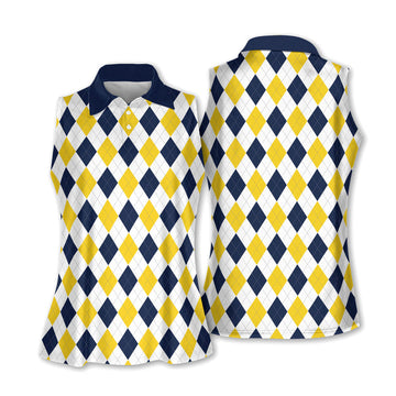 Black And Yellow Argyle Sleeveless Womens Golf Shirts, Ladies Pink Golf Shirt, Womens Golf Polo Shirt Womens Golf Tops