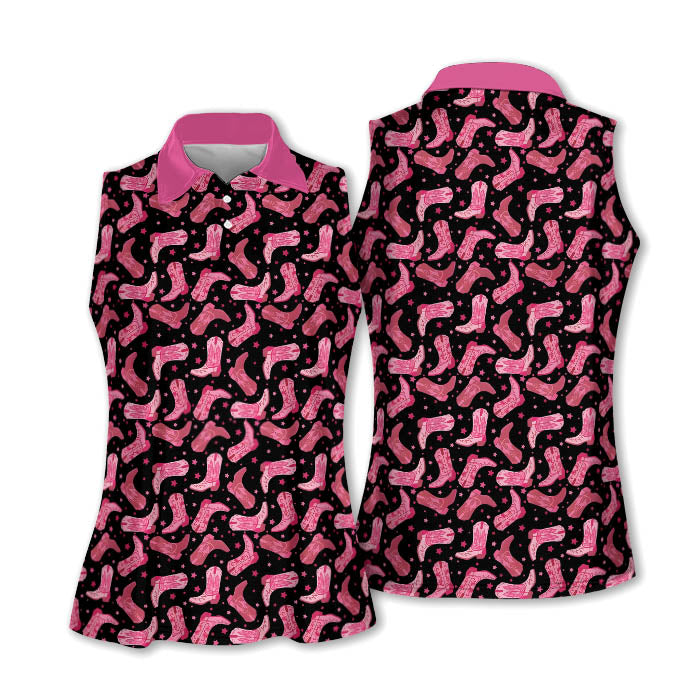 Cowgirl Black And Pink Womens Golf Polo Shirt Western Golf Shirts Women, Patterned Golf Shirts