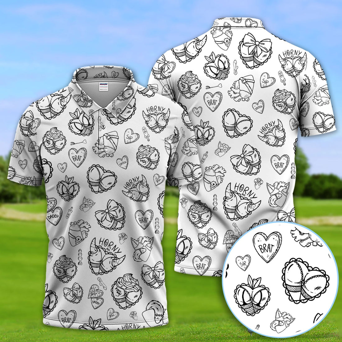 Horny Brat Sketch Pattern Polos, Funny Golf Shirt For Men, Golf Gift For Golfer