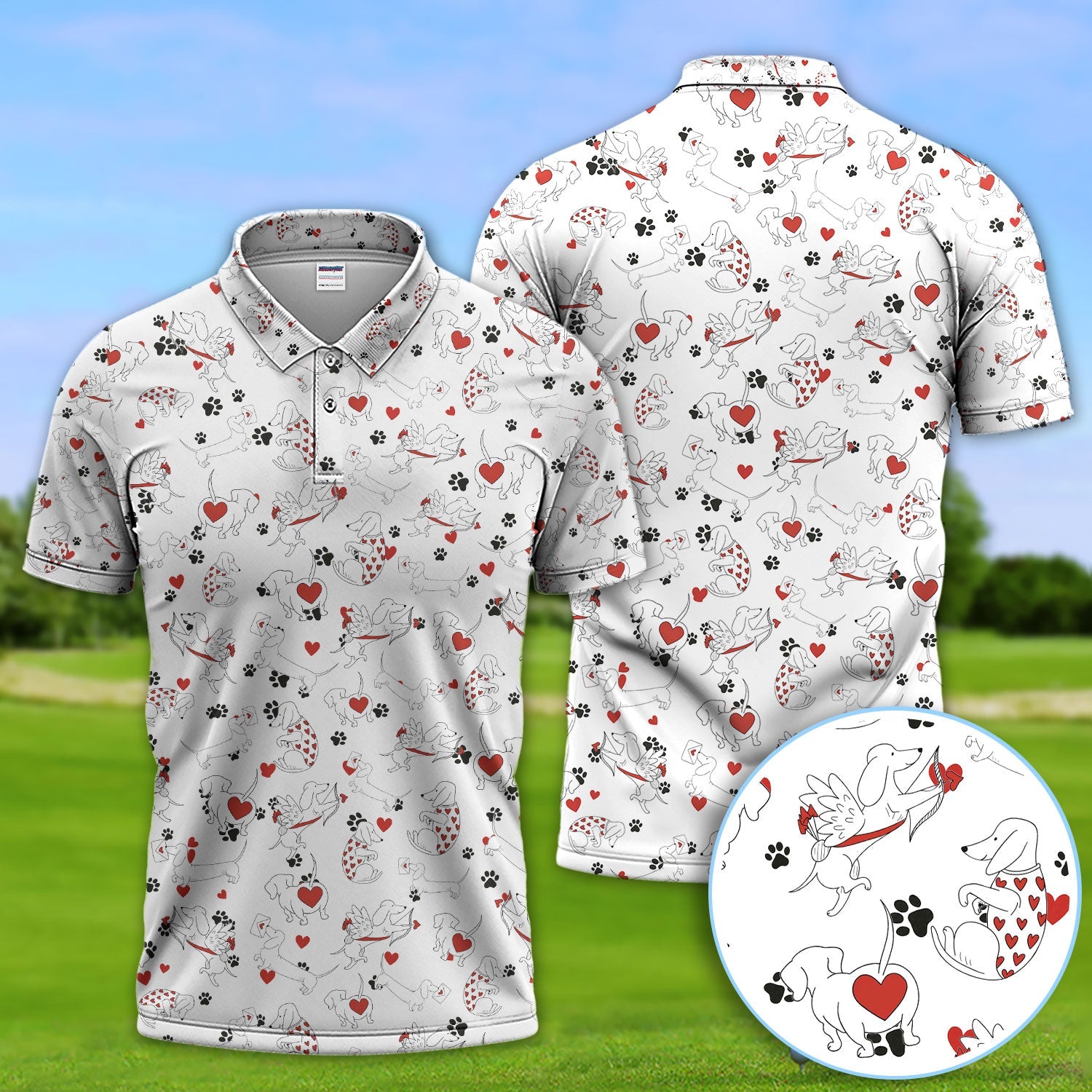 Funny Dachshund Polos For Golfer, Cupid Dog Pattern Golf Shirt, Golf Gift For Golfer