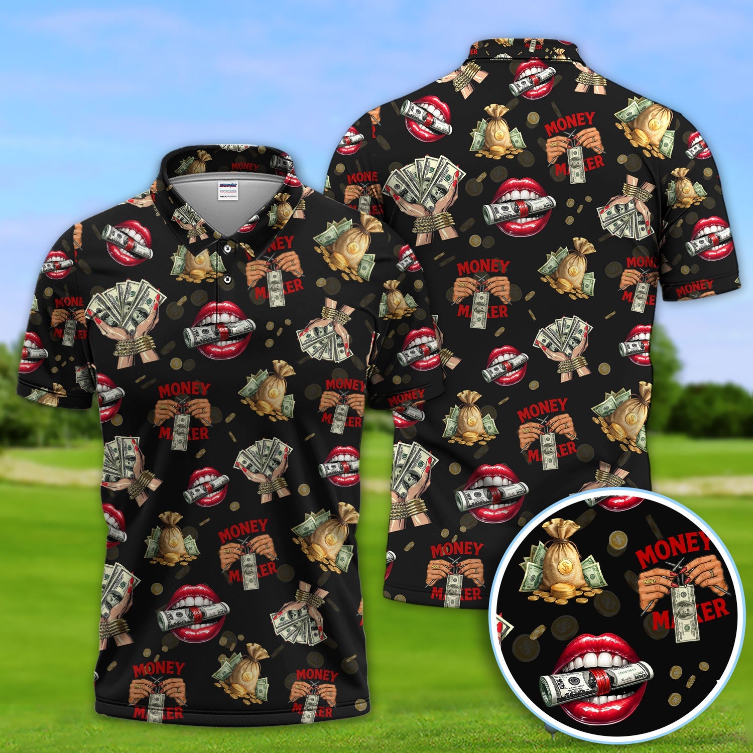 Money Maker Pattern Golf Polos, Funny Golf Shirt For Men, Golf Gift For Golfer