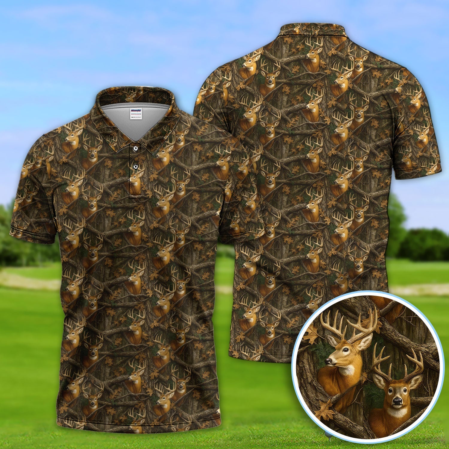Deer Pattern Polos For Golfer, Realistic Camo Shirt, Crazy Golf Shirt For Men
