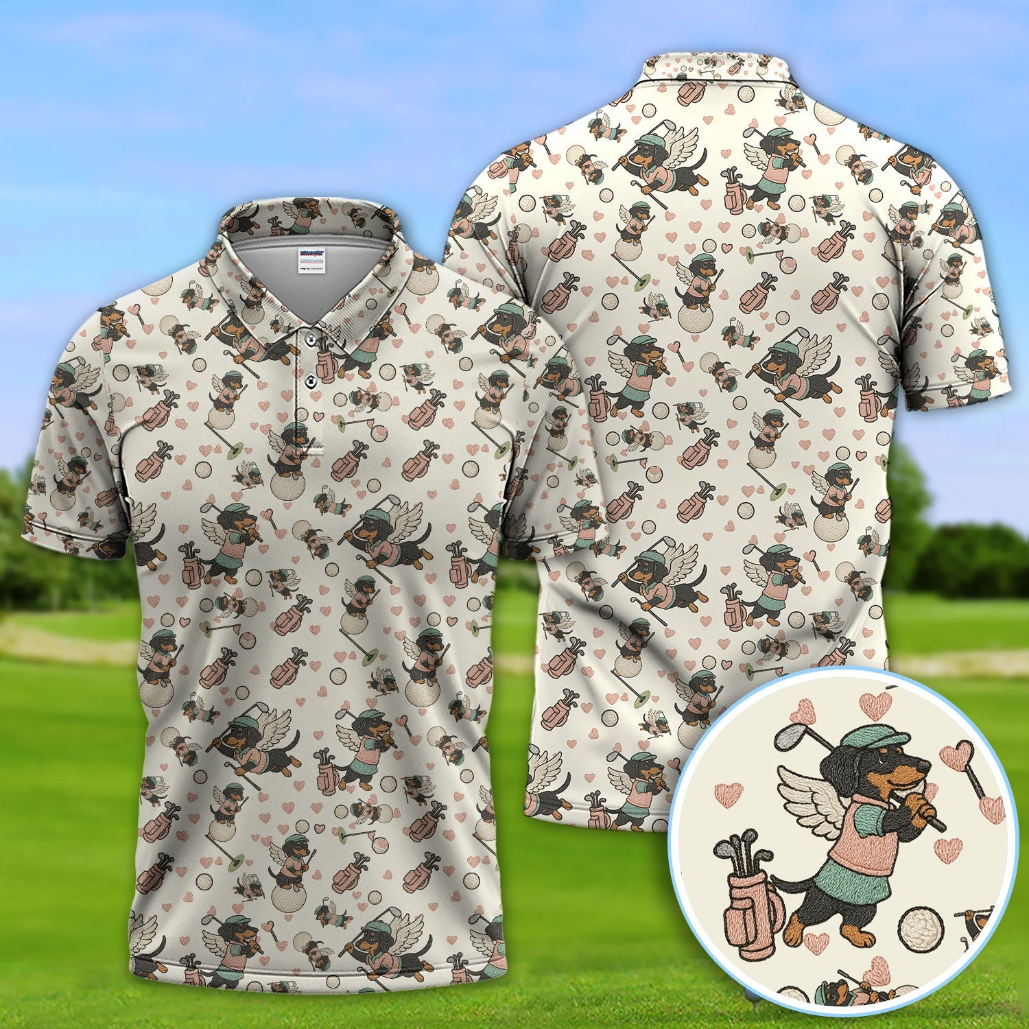 Angel Dachshund Golf Polos, Funny  Wiener Dog Golf Pattern Gift For Men, Golf Gift For Golfer