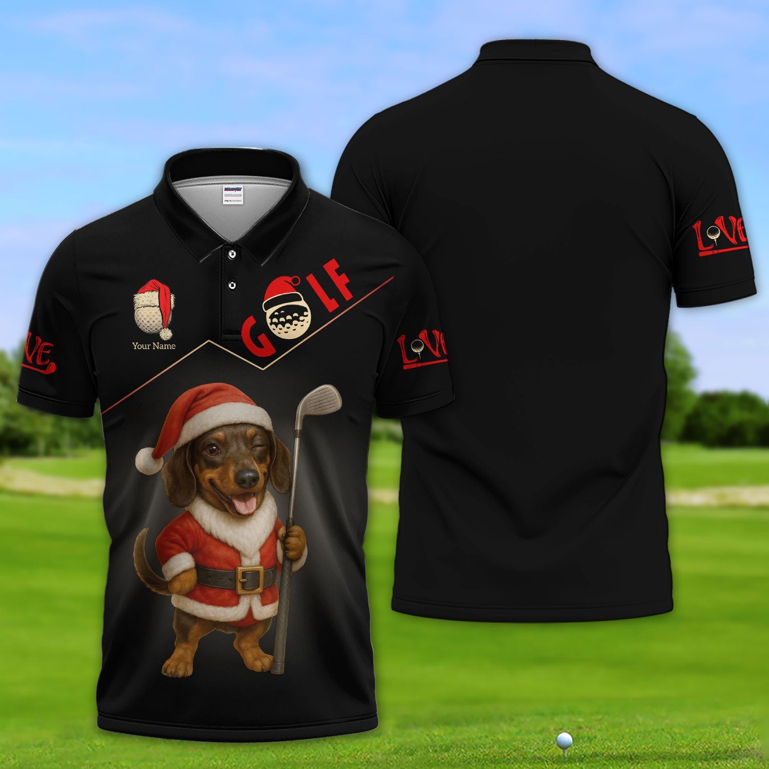 Personalized Dachshund Santa Golf Polos, Custom Name Christmas Golf Shirt, Golf Gift For Dog Lover