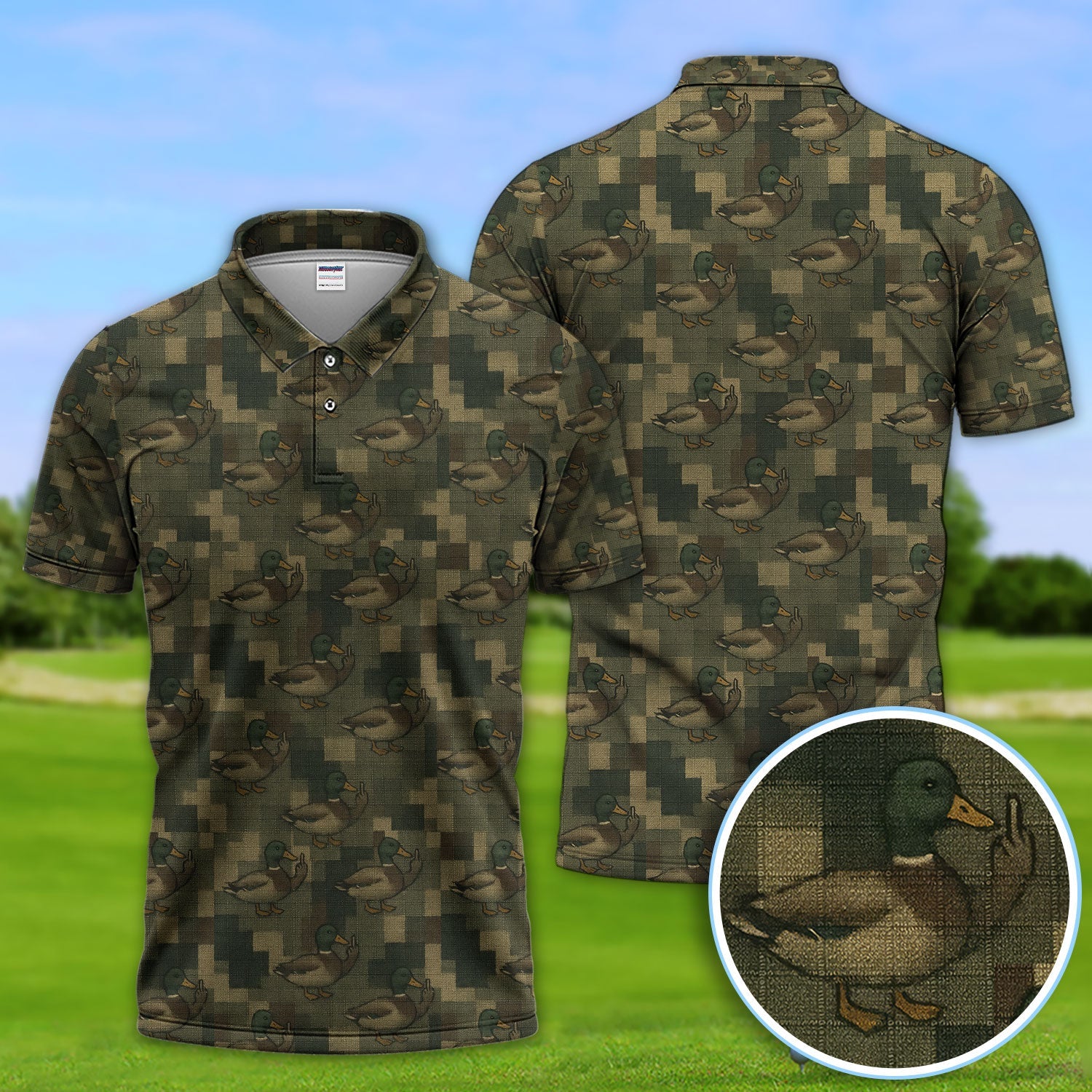 Mallard Duck Camo Polos For Men, Waterfowl Pattern Shirt, Crazy Golf Shirt For Golfer