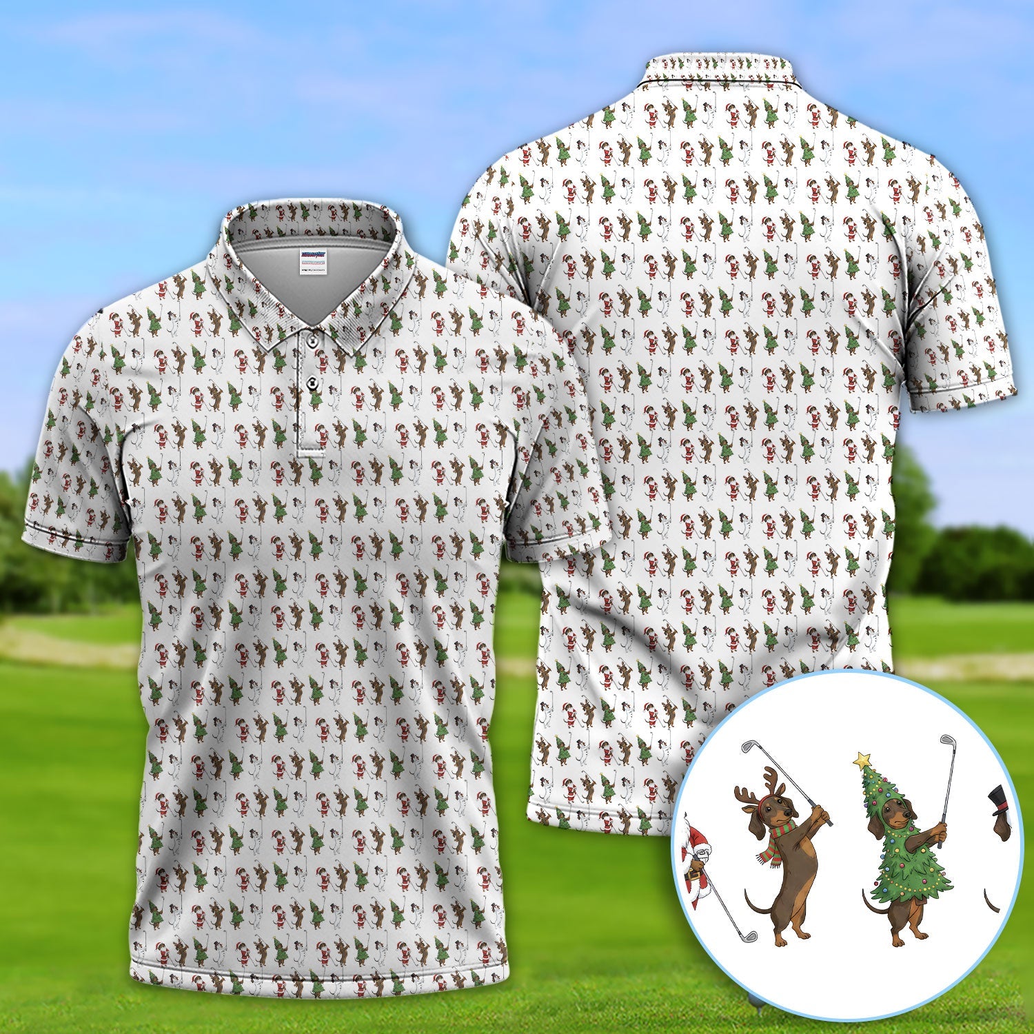 Dachshund Christmas Golf Polos, Funny Wiener Dog Golf Pattern Shirt For Golfer, Golf Gift For Men