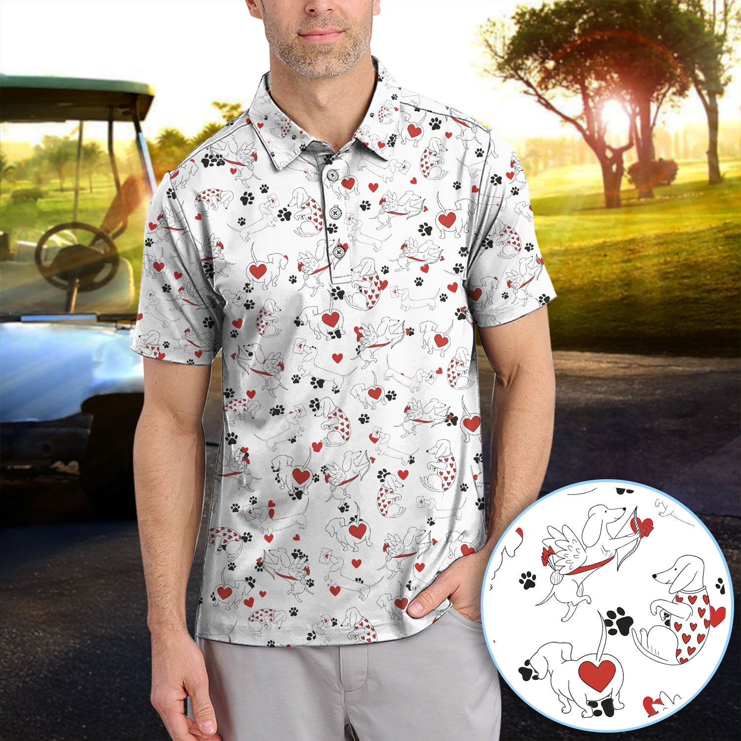 Funny Dachshund Polos For Golfer, Cupid Dog Pattern Golf Shirt, Golf Gift For Golfer