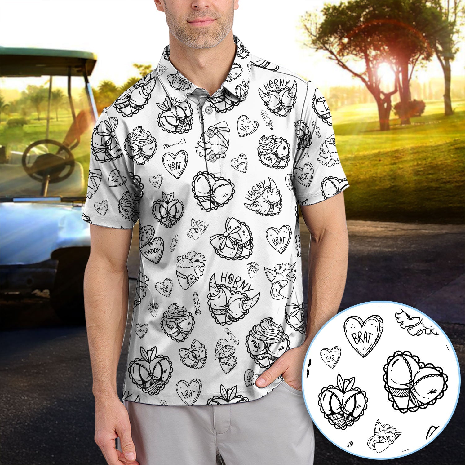 Horny Brat Sketch Pattern Polos, Funny Golf Shirt For Men, Golf Gift For Golfer