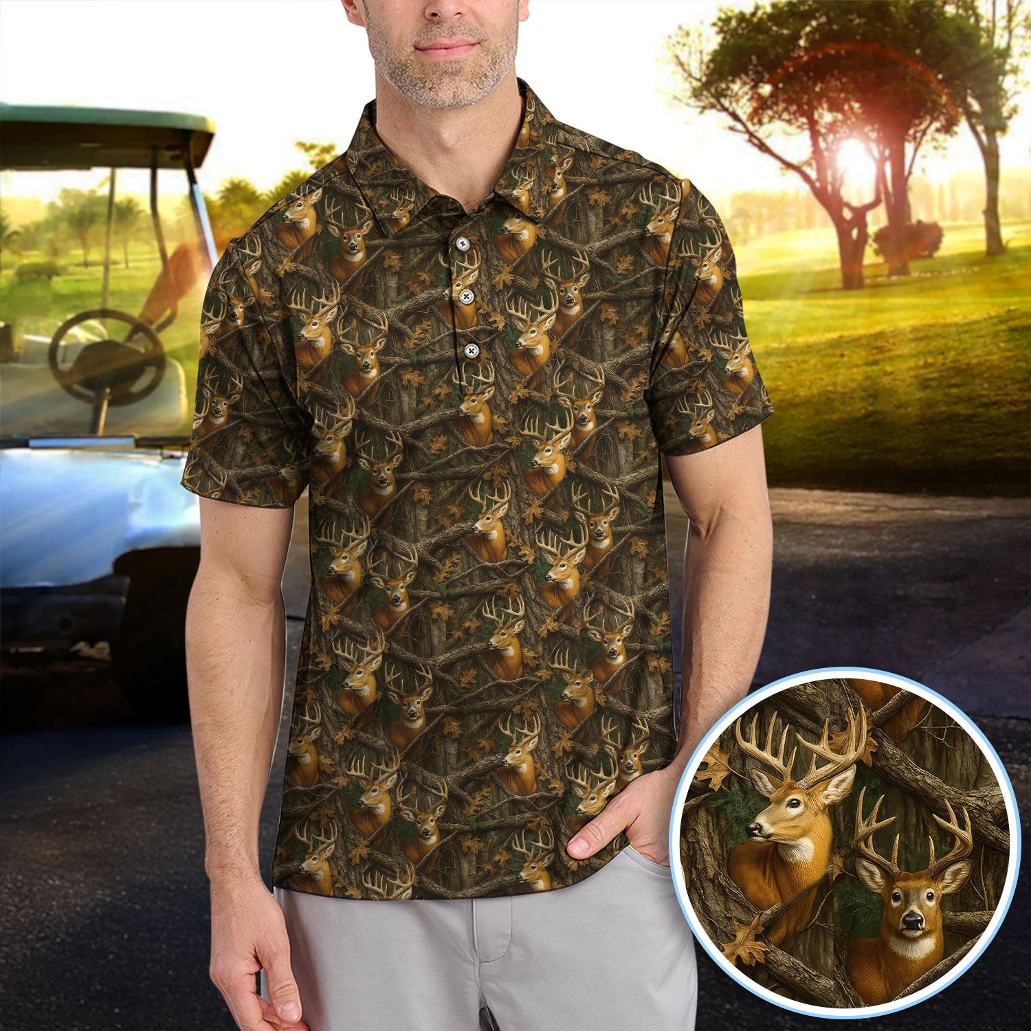 Deer Pattern Polos For Golfer, Realistic Camo Shirt, Crazy Golf Shirt For Men