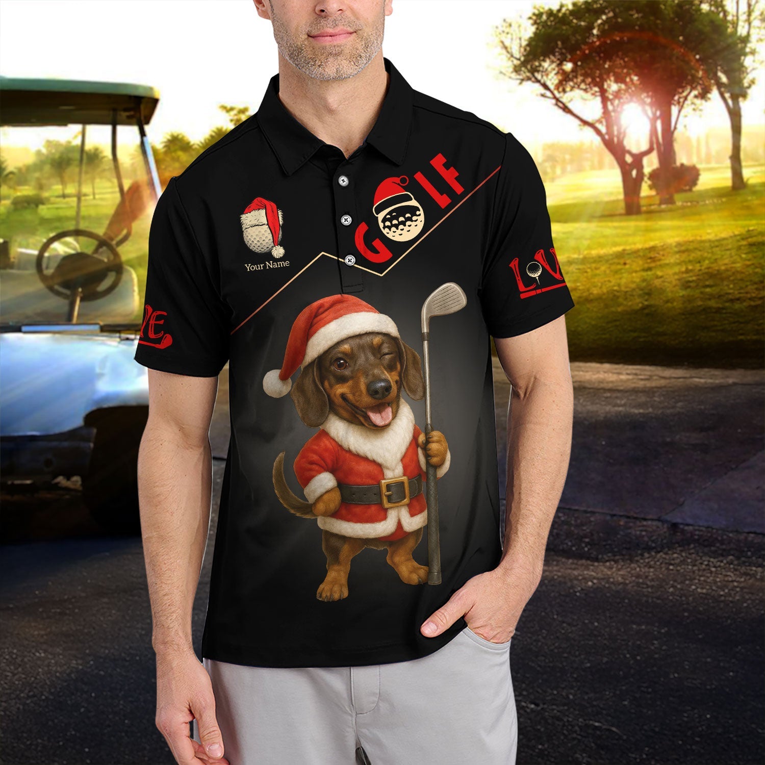 Personalized Dachshund Santa Golf Polos, Custom Name Christmas Golf Shirt, Golf Gift For Dog Lover