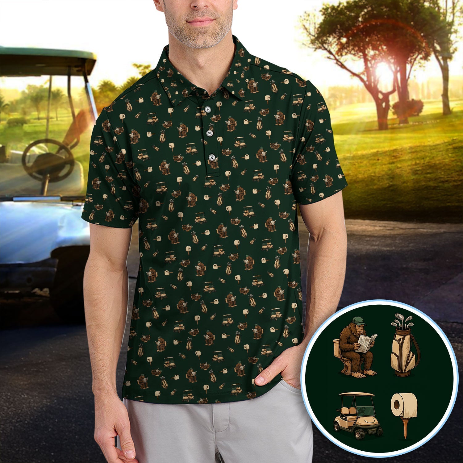 Funny Golf Shirt For Men, Bigfoot Pattern Golf Shirt, Crazy Golf Shirt For Golfer
