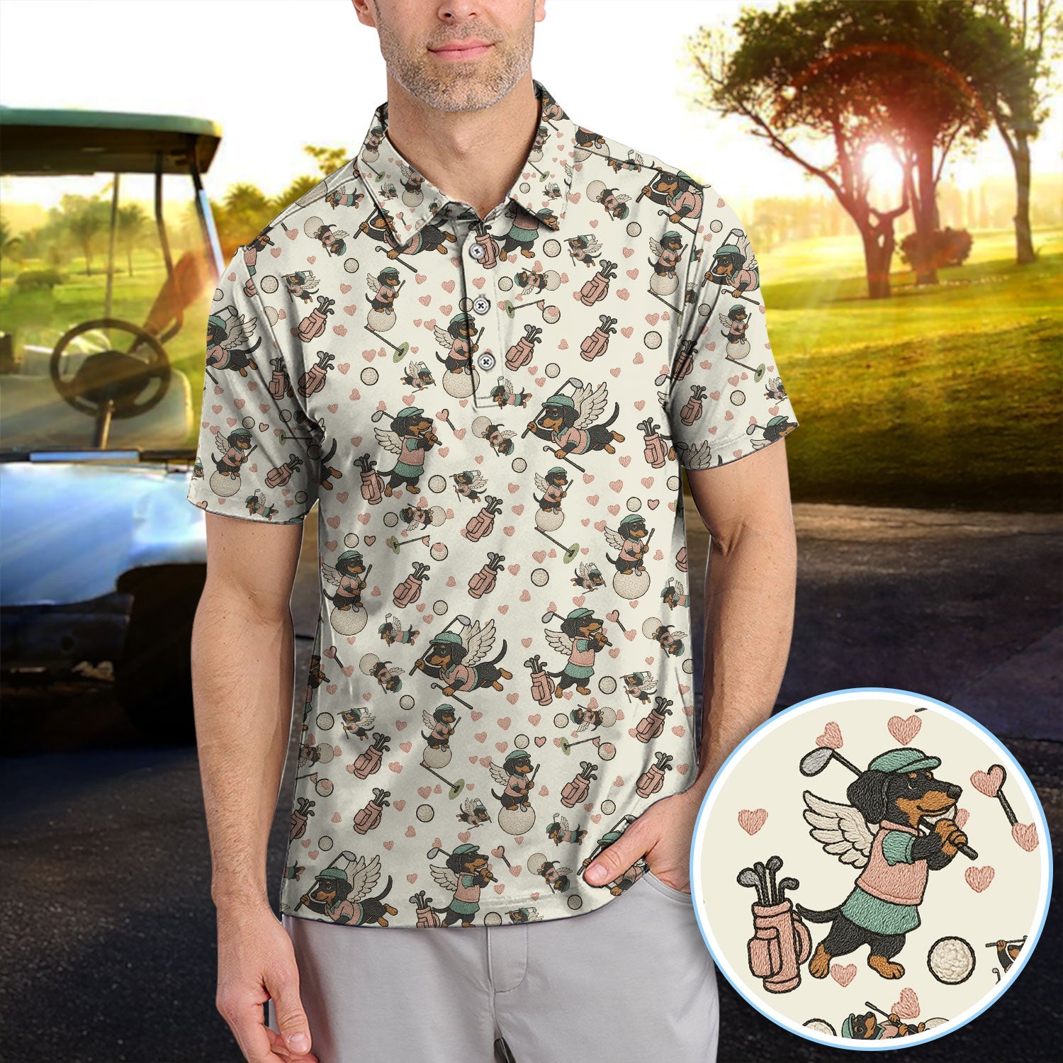 Angel Dachshund Golf Polos, Funny  Wiener Dog Golf Pattern Gift For Men, Golf Gift For Golfer