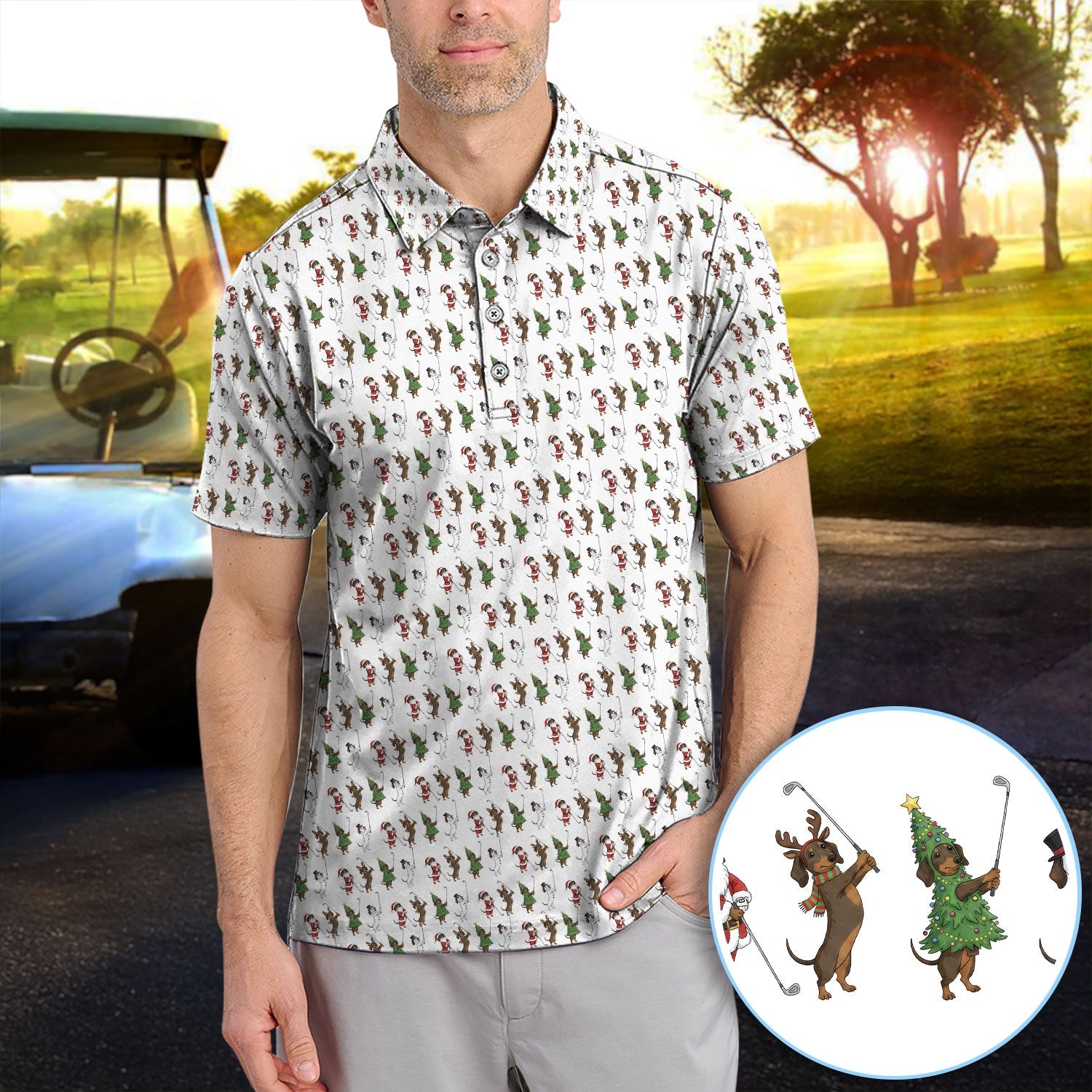 Dachshund Christmas Golf Polos, Funny Wiener Dog Golf Pattern Shirt For Golfer, Golf Gift For Men