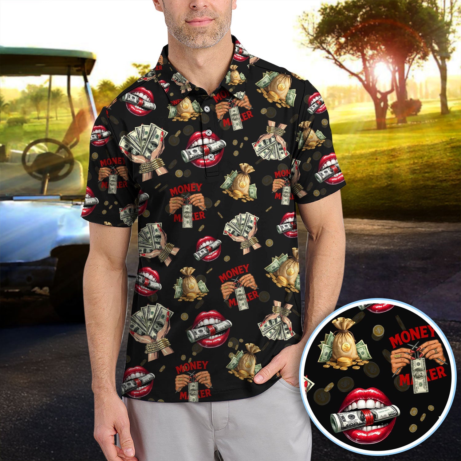 Money Maker Pattern Golf Polos, Funny Golf Shirt For Men, Golf Gift For Golfer