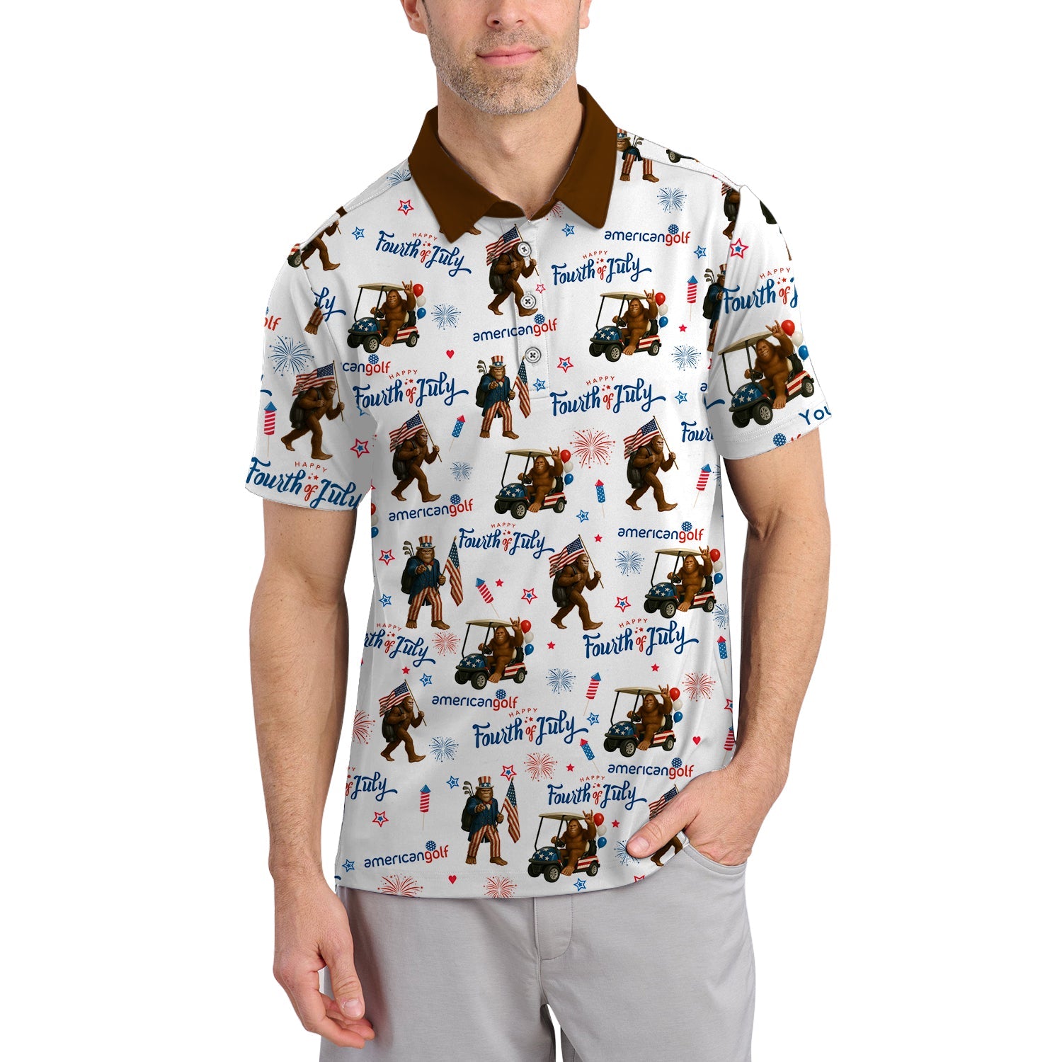 Fourth of July Golf Shirt – Bigfoot Golf Shirt with American Flag – Patriotic Golf Polo for Golfers