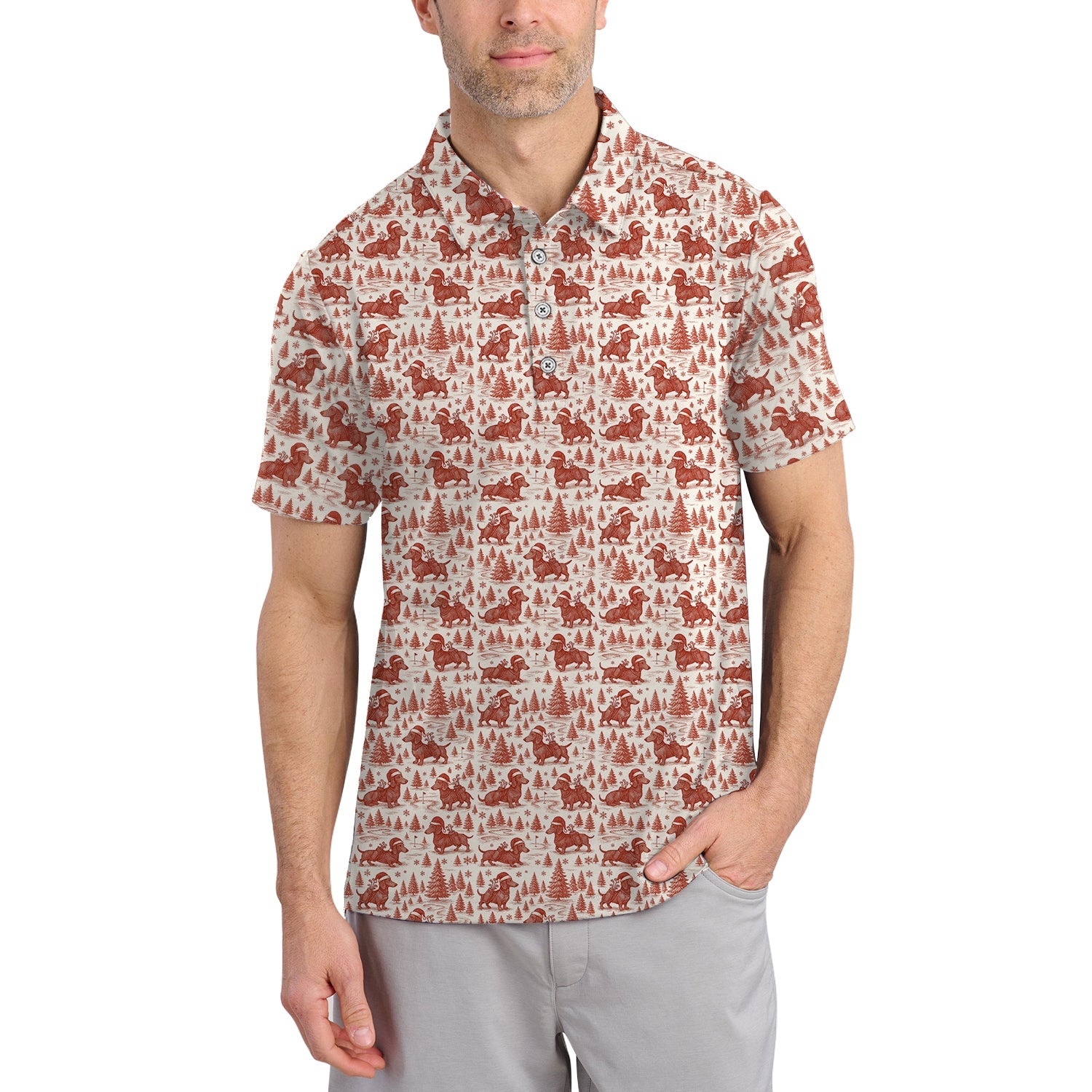 Christmas Golf Shirt, Dachshund Golf Shirt For Men, Pattern Golf Shirt, Toile De Jouy Shirt For Golfer