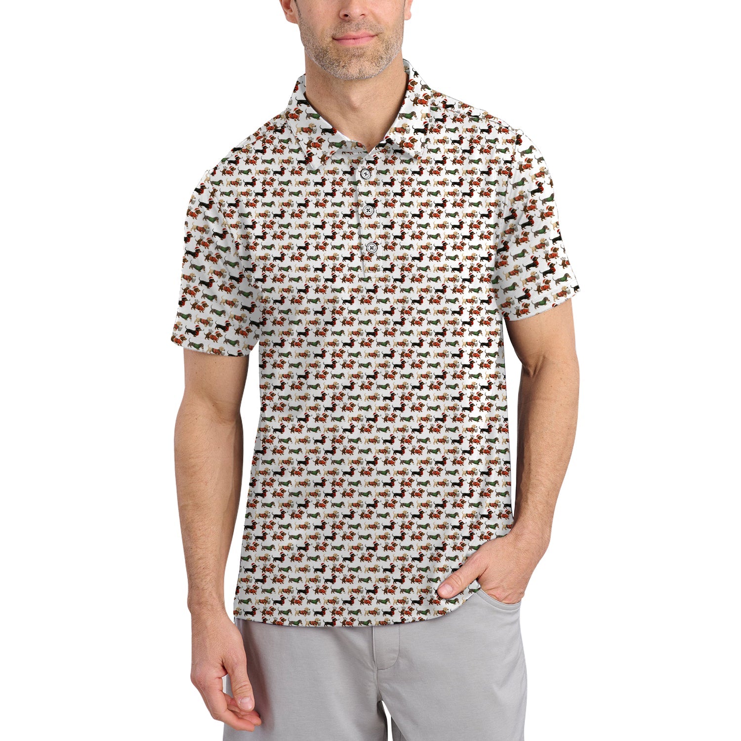 Dachshund Christmas Shirt For Golfer, Dog Pattern Golf Shirt, Funny Golf Shirt For Men