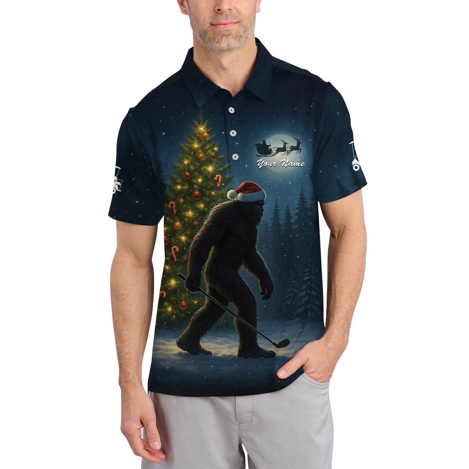 Personalized Christmas Golf Shirt, Bigfoot Christmas Shirt For Golfer, Crazy Golf Shirt For Men